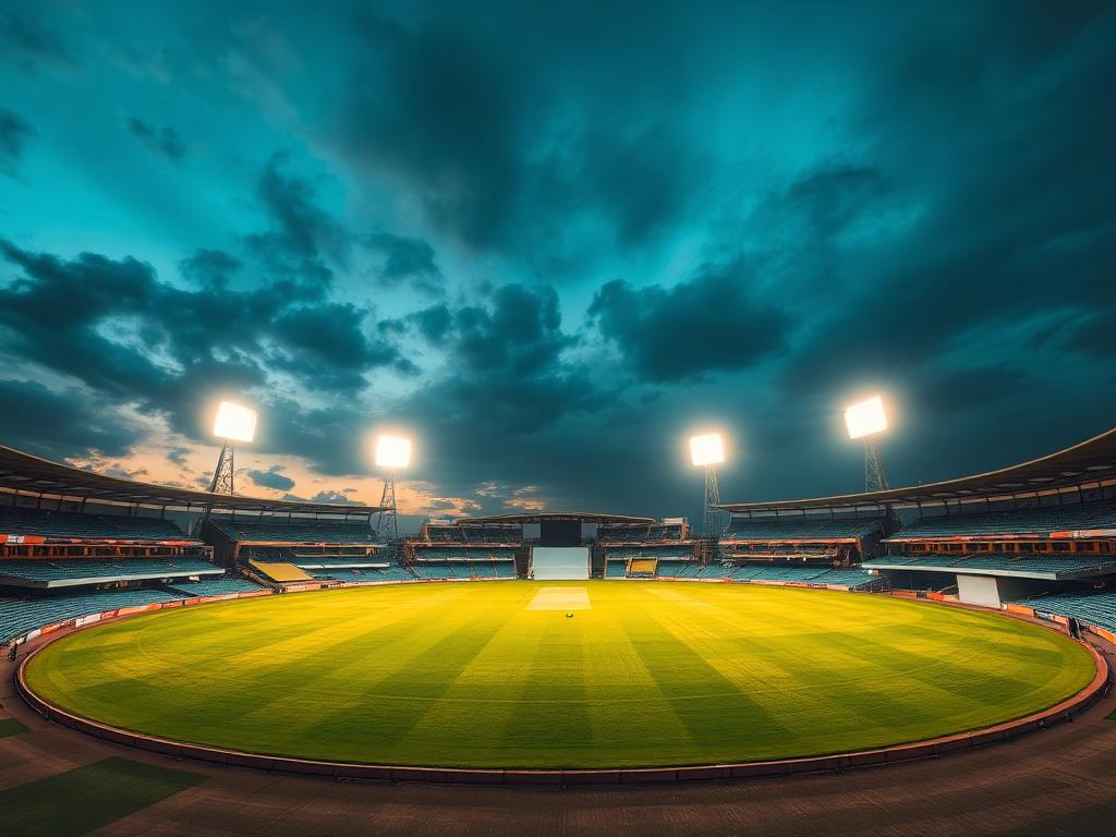 Modern cricket stadium under floodlights