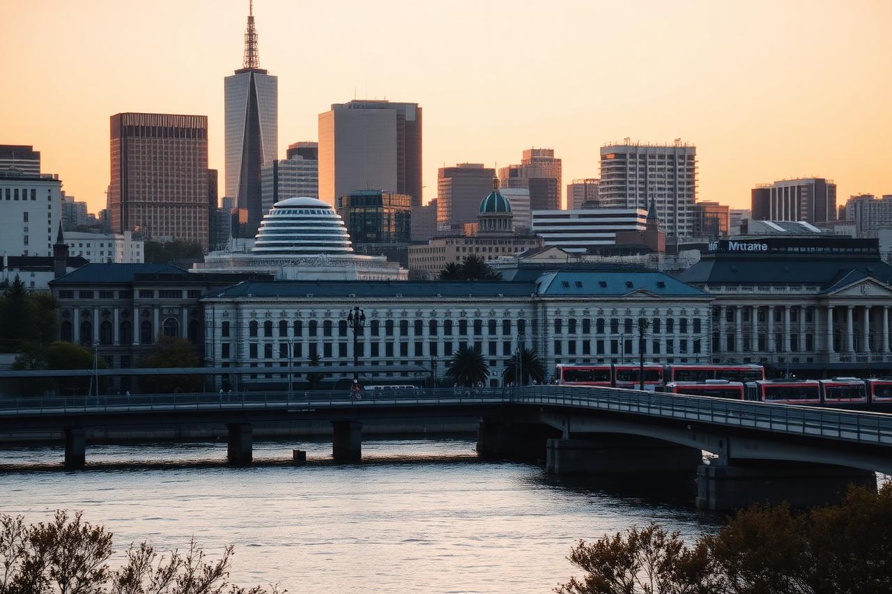 Melbourne skyline at golden hour across the river
